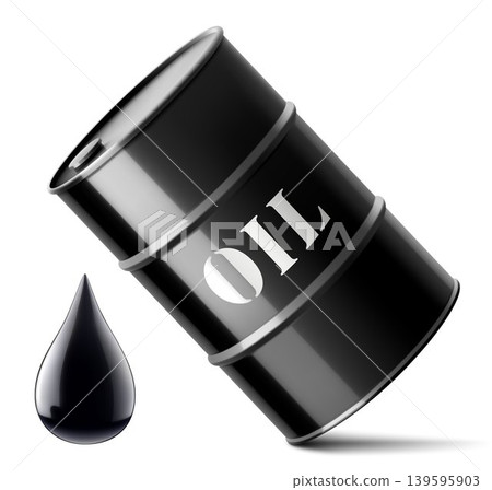 Black liquid oil flowing from steel black barrel. Black drop dripping from steel black Oil barrel. Concept of falling prices, crisis, pollution. Low price. Realistic 3d Vector illustration. Mockup. 139595903
