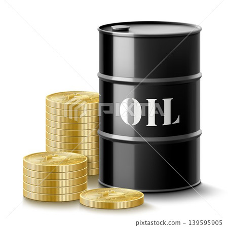 Black barrel with crude oil, petroleum products and gold golden coins. Barrel of oil products and money. Concept of falling prices, crisis, pollution. Low price. Realistic 3d Vector illustration. Black barrel with crude oil, petroleum products and gold golden coins. Barrel of oil products and money. Concept of falling prices, crisis, pollution. Low price. Realistic 3d Vector illustration. 139595905