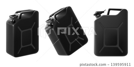 Benzine canister black set isolated on white background. Petrol tank filled symbol. Fuel canister. Gasoline gallon icon. Diesel jerrycan. Realistic 3d vector illustration Benzine canister black set isolated on white background. Petrol tank filled symbol. Fuel canister. Gasoline gallon icon. Diesel jerrycan. Realistic 3d vector illustration 139595911