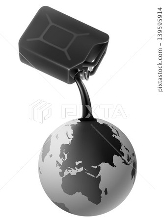 Gasoline flows from a black metal canister onto the planet. Black fuel is dripping on Earth. Concept of ecology pollution. Isolated on white background. Realistic 3d Vector illustration Gasoline flows from a black metal canister onto the planet. Black fuel is dripping on Earth. Concept of ecology pollution. Isolated on white background. Realistic 3d Vector illustration 139595914
