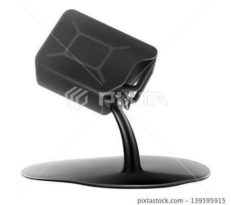 Gasoline canister with a spilling fuel. Oil is spilling from the black Benzine canister. harmful puddle of petroleum products. harmful puddle of petroleum products. Realistic 3d vector illustration 139595915