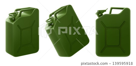 Canister for gasoline and diesel fuel isolated on a white background. Close-up of a 20 liter green Jerry Can. Realistic 3d Vector illustration. Canister for gasoline and diesel fuel isolated on a white background. Close-up of a 20 liter green Jerry Can. Realistic 3d Vector illustration. 139595918