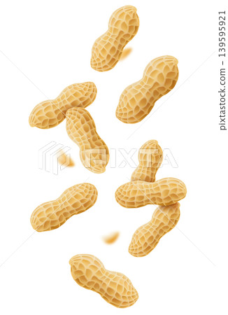 Falling peanuts, isolated on transparent background, selective focus. Flying peanut with blurry effect. Can be used for advertising, packaging, banner, poster. Realistic 3d vector illustration Falling peanuts, isolated on transparent background, selective focus. Flying peanut with blurry effect. Can be used for advertising, packaging, banner, poster. Realistic 3d vector illustration 139595921
