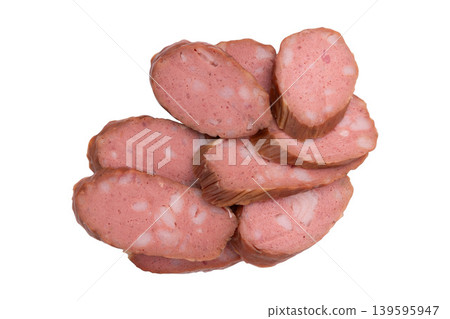 pile of smoked sausage slices isolated pile of smoked sausage slices isolated 139595947
