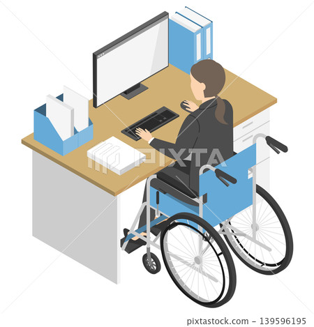 A woman in a wheelchair working on a computer (isometric) 139596195