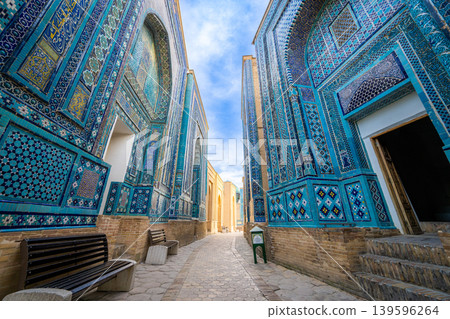 Blue-tiled pathway at the Shah-i-Zinda mausoleum complex in Samarkand, Uzbekistan Blue-tiled pathway at the Shah-i-Zinda mausoleum complex in Samarkand, Uzbekistan 139596264