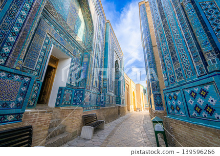 Blue-tiled pathway at the Shah-i-Zinda mausoleum complex in Samarkand, Uzbekistan 139596266