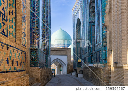 Blue-tiled pathway at the Shah-i-Zinda mausoleum complex in Samarkand, Uzbekistan 139596267