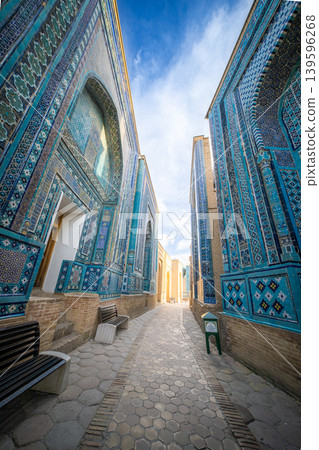 Blue-tiled pathway at the Shah-i-Zinda mausoleum complex in Samarkand, Uzbekistan 139596268