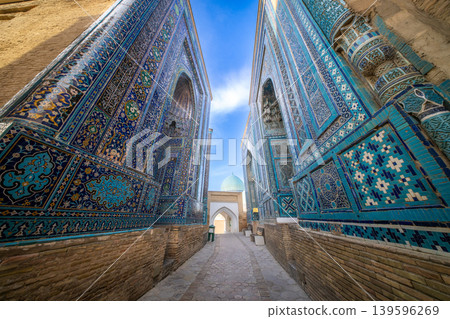 Blue-tiled pathway at the Shah-i-Zinda mausoleum complex in Samarkand, Uzbekistan 139596269