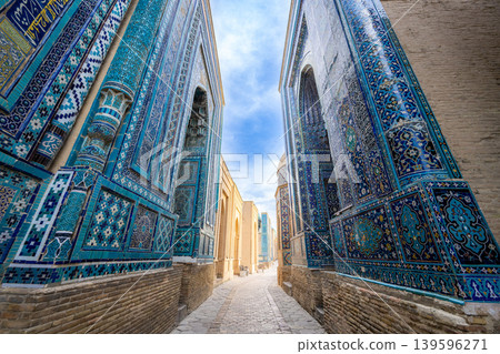 Blue-tiled pathway at the Shah-i-Zinda mausoleum complex in Samarkand, Uzbekistan 139596271