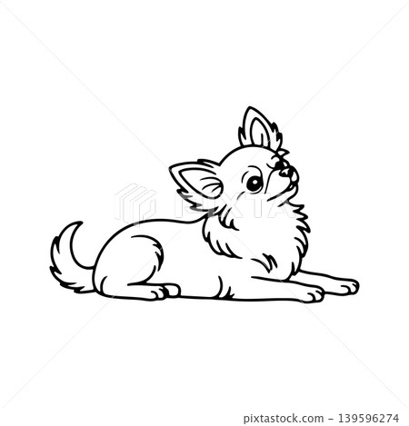 Cute chihuahua lying down with alert expression in a simple outline drawing style 139596274