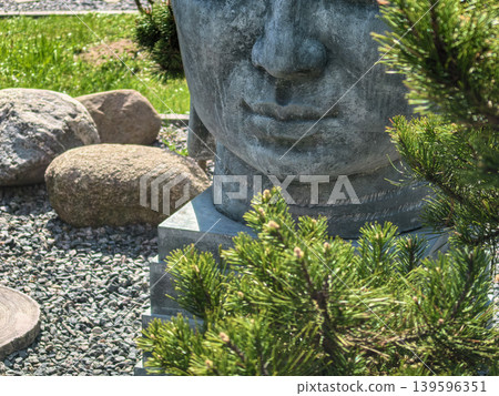 Stone Buddha Statue Head in Zen Garden 139596351
