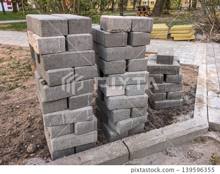 Stacks of Concrete Paving Bricks at Work Site Stacks of Concrete Paving Bricks at Work Site 139596355