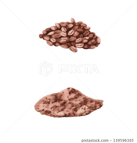 A watercolor illustration of a pile of coffee beans and ground coffee. The image conveys the naturalness of the product. Ideal for cafe menus, packaging, coffee websites, and recipe illustrations. 139596385