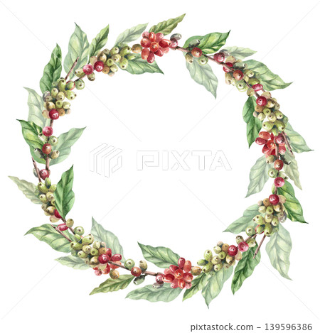 A round frame of branches and ripening coffee beans. The watercolor illustration conveys freshness and naturalness. Ideal for cafe menus, packaging, coffee websites, and recipe illustrations. A round frame of branches and ripening coffee beans. The watercolor illustration conveys freshness and naturalness. Ideal for cafe menus, packaging, coffee websites, and recipe illustrations. 139596386