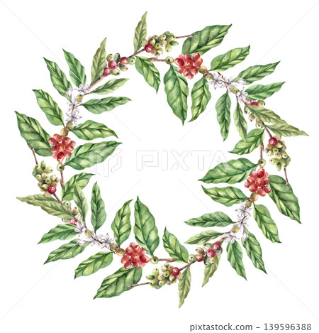 A wreath of branches and ripening coffee beans. This watercolor illustration conveys freshness and naturalness. Ideal for cafe menus, packaging, coffee websites, and recipe illustrations. A wreath of branches and ripening coffee beans. This watercolor illustration conveys freshness and naturalness. Ideal for cafe menus, packaging, coffee websites, and recipe illustrations. 139596388