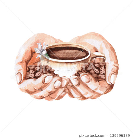 A watercolor illustration of human hands holding a coffee cup and beans. Perfect for cafe menus, packaging, coffee websites, and recipe illustrations. A watercolor illustration of human hands holding a coffee cup and beans. Perfect for cafe menus, packaging, coffee websites, and recipe illustrations. 139596389