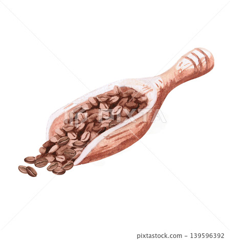 A watercolor illustration of a wooden spatula with coffee beans. The image conveys the naturalness of the product. Ideal for cafe menus, packaging, coffee websites, and recipe illustrations. A watercolor illustration of a wooden spatula with coffee beans. The image conveys the naturalness of the product. Ideal for cafe menus, packaging, coffee websites, and recipe illustrations. 139596392