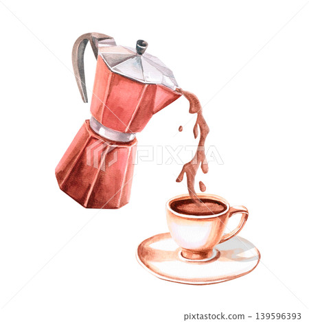 A watercolor illustration of a geyser coffee maker pouring coffee into a cup. The image conveys the naturalness of the product. Ideal for cafe menus, packaging, coffee websites, recipe illustrations. A watercolor illustration of a geyser coffee maker pouring coffee into a cup. The image conveys the naturalness of the product. Ideal for cafe menus, packaging, coffee websites, recipe illustrations. 139596393