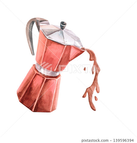A watercolor illustration of a geyser coffee maker pouring coffee. The image conveys the naturalness of the product. Ideal for cafe menus, packaging, coffee websites, and recipe illustrations. A watercolor illustration of a geyser coffee maker pouring coffee. The image conveys the naturalness of the product. Ideal for cafe menus, packaging, coffee websites, and recipe illustrations. 139596394