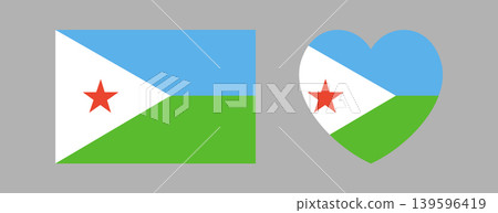 Flag of Djibouti icon, sticker, button. Set of Flag rectangle, heart badge, banner, symbol. National Djibouti heart, rectangular flag sign, background. 139596419