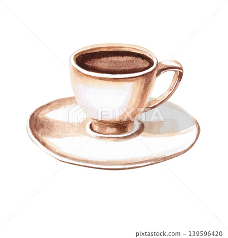 A watercolor illustration of a coffee cup and saucer. Warm tones convey a cozy atmosphere. Ideal for cafe and restaurant designs, menus, packaging, invitations, and food blogs. 139596420