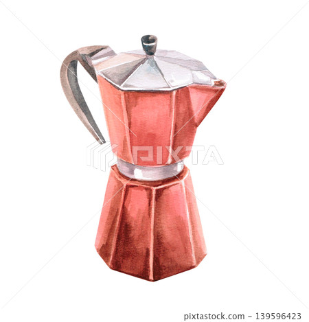 A watercolor illustration of a geyser coffee maker. It emphasizes the naturalness and tradition of coffee brewing. Ideal for branding, advertising, interior design, cafe menus, and culinary websites. A watercolor illustration of a geyser coffee maker. It emphasizes the naturalness and tradition of coffee brewing. Ideal for branding, advertising, interior design, cafe menus, and culinary websites. 139596423