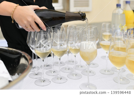 The waiters pouring champagne at a wedding The waiters pouring champagne at a wedding 139596448