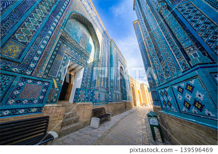 Blue-tiled pathway at the Shah-i-Zinda mausoleum complex in Samarkand, Uzbekistan Blue-tiled pathway at the Shah-i-Zinda mausoleum complex in Samarkand, Uzbekistan 139596469