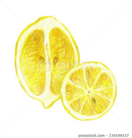 Hand drawn illustration with a slice of a lemon and a half of a lemon. Yellow lemon on a white background for graphic design. Isolated colored pencil illustration on white background. Hand drawn illustration with a slice of a lemon and a half of a lemon. Yellow lemon on a white background for graphic design. Isolated colored pencil illustration on white background. 139596537