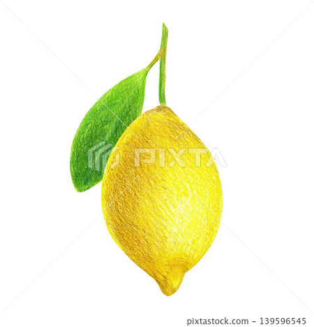 Hand drawn illustration with a yellow lemon with green leaves. Yellow lemon on a white background for graphic design. Isolated colored pencil illustration on white background. Hand drawn illustration with a yellow lemon with green leaves. Yellow lemon on a white background for graphic design. Isolated colored pencil illustration on white background. 139596545