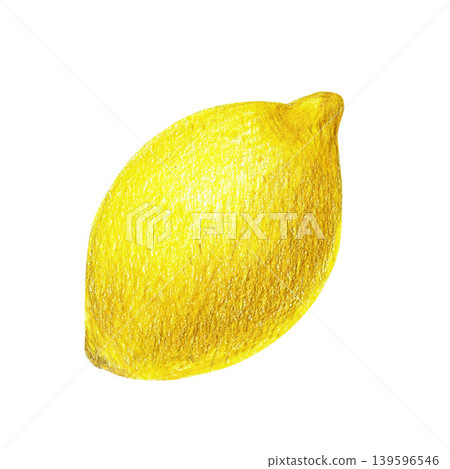 Hand drawn illustration with a yellow lemon. Yellow lemon on a white background for graphic design. Isolated colored pencil illustration on white background. 139596546