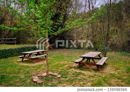 Outdoors picnic area wooden table Outdoors picnic area wooden table 139596560