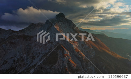 Aerial view of amazing rocky mountains at sunset 139596687
