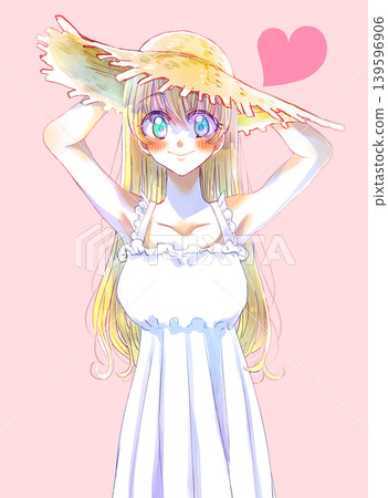 A long-haired girl wearing a straw hat, holding back, blonde hair, blue eyes, smiling, love. A long-haired girl wearing a straw hat, holding back, blonde hair, blue eyes, smiling, love. 139596906