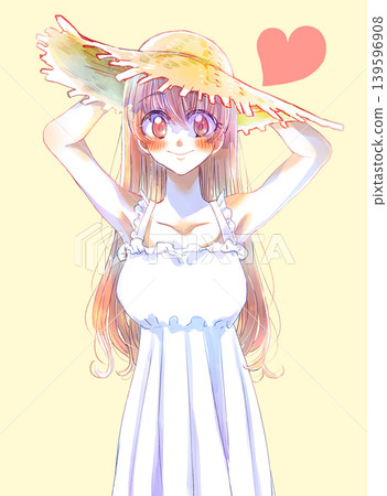 A long-haired girl wearing a straw hat, holding something down, brown hair, smiling, love. A long-haired girl wearing a straw hat, holding something down, brown hair, smiling, love. 139596908