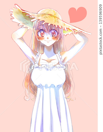 A long-haired girl wearing a straw hat, holding something down, brown hair, smiling, love. A long-haired girl wearing a straw hat, holding something down, brown hair, smiling, love. 139596909