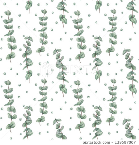 Watercolor seamless pattern with eucalyptus branches and small beads. Botanical wallpaper with green leaves. Elegant natural background for textile, wrapping paper and wedding decoration Watercolor seamless pattern with eucalyptus branches and small beads. Botanical wallpaper with green leaves. Elegant natural background for textile, wrapping paper and wedding decoration 139597007