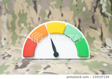Efficiency scale against a military backdrop. Defense and security effectiveness assessment. Cybersecurity readiness, military strategy evaluation, war games and operational exercises. Efficiency scale against a military backdrop. Defense and security effectiveness assessment. Cybersecurity readiness, military strategy evaluation, war games and operational exercises. 139597194