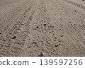 Sandy rural road surface with tire tracks and small stones under daylight, close-up of dry dirt path texture 139597256