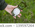 Woman's hand displays the dial of a well-worn compass against a background of green grass. Concept of travel, adventure 139597264