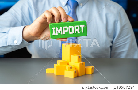 A businessman imports goods for sale and distribution. Registration and customs control. Duties and tariffs. Cross-border trade compliance and logistics. 139597284
