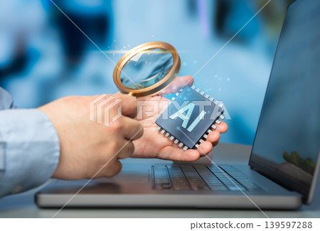 A man examines an AI microchip under a magnifying glass. Evaluating AI tools in business. Technology assessment and management innovation. A man examines an AI microchip under a magnifying glass. Evaluating AI tools in business. Technology assessment and management innovation. 139597288