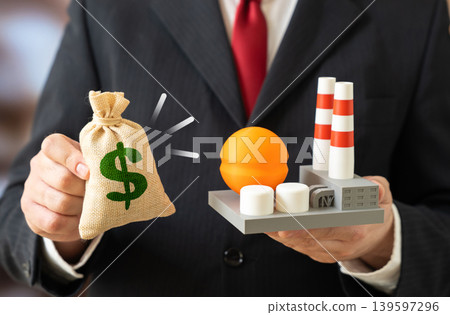 Chemical plant and a dollar money bag. Energy complex revenues and budget-forming enterprises. Investments in industrial infrastructure and profitable facilities. Chemical plant and a dollar money bag. Energy complex revenues and budget-forming enterprises. Investments in industrial infrastructure and profitable facilities. 139597296