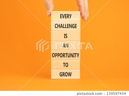 Challenge word symbol. Concept words Every challenge is an opportunity to grow on beautiful wooden blocks. Beautiful orange paper background. Business challenge is an opportunity concept. Copy space. Challenge word symbol. Concept words Every challenge is an opportunity to grow on beautiful wooden blocks. Beautiful orange paper background. Business challenge is an opportunity concept. Copy space. 139597434
