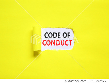 Code of conduct words symbol. Concept words Code of conduct on beautiful white paper. Beautiful yellow background. Business Code of conduct concept. Copy space. 139597477