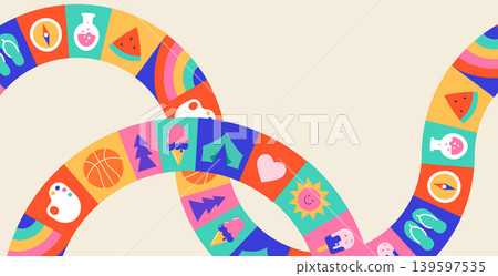 Colorful playful kids summer camp poster template with copy space and geometric fun activities icons 139597535
