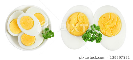 Boiled chicken egg in ceramic bowl isolated on white background. Top view. Flat lay Boiled chicken egg in ceramic bowl isolated on white background. Top view. Flat lay 139597551