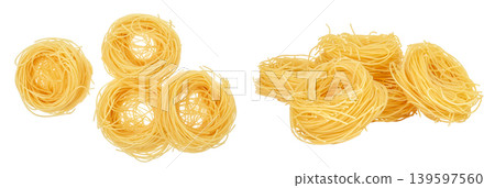 Italian pasta tagliatelle nest isolated on white background with full depth of field. Top view. Flat lay 139597560